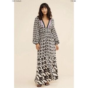 Farm Rio Maxi Dress Anthropologie XL Black White Flying Birds Print VNeck Smock